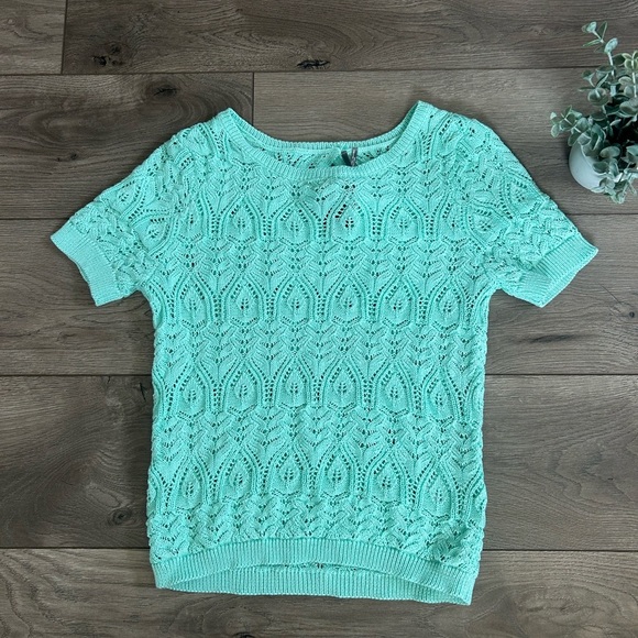 NWT ANTHROPOLOGIE Mint Green Lace Knit Top Size Medium - Picture 2 of 8